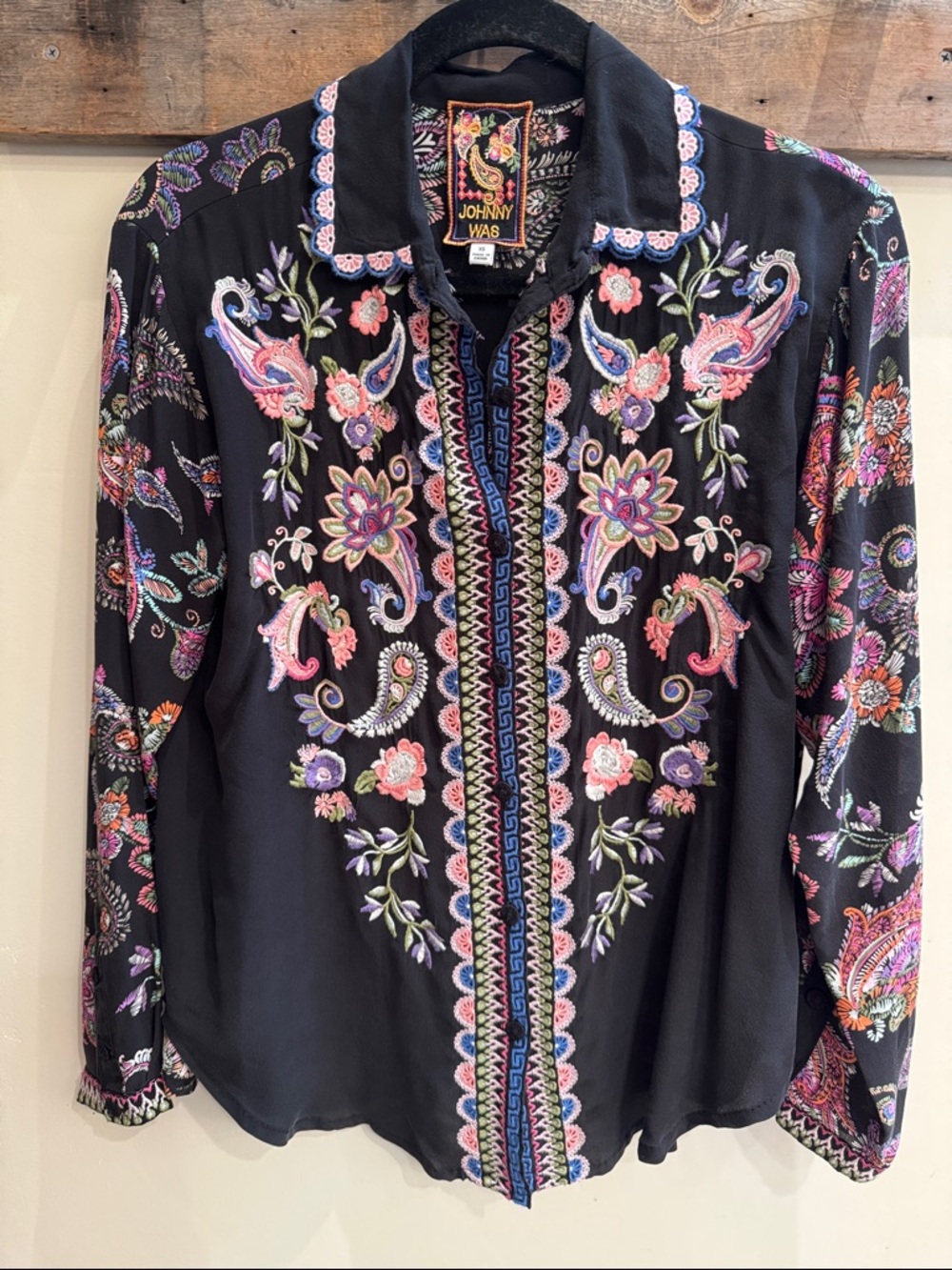 Johnny Was Black Embroidered Front with Silk Sleeves and Back in XS